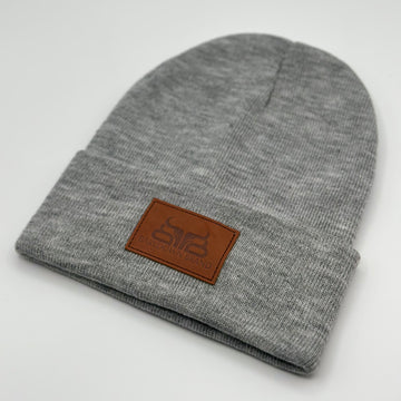 High Noon- Heather Grey Leather Patch Beanie
