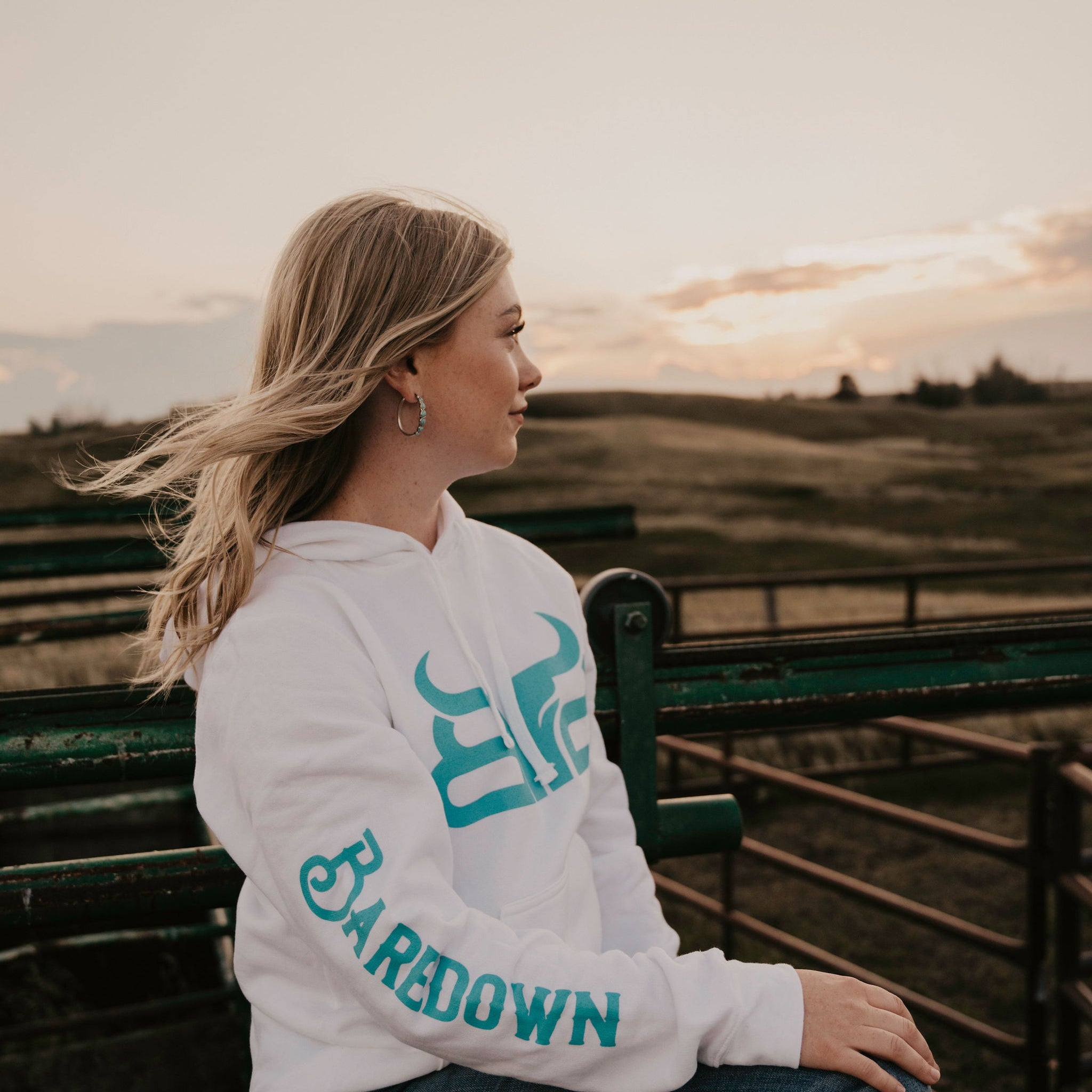 Cowpoke- White & Teal Hoodie